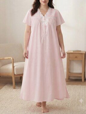 Heather Lane Pink Long Lace Embroidered Nightgown Sz 1X 100% Cotton Cottagecore